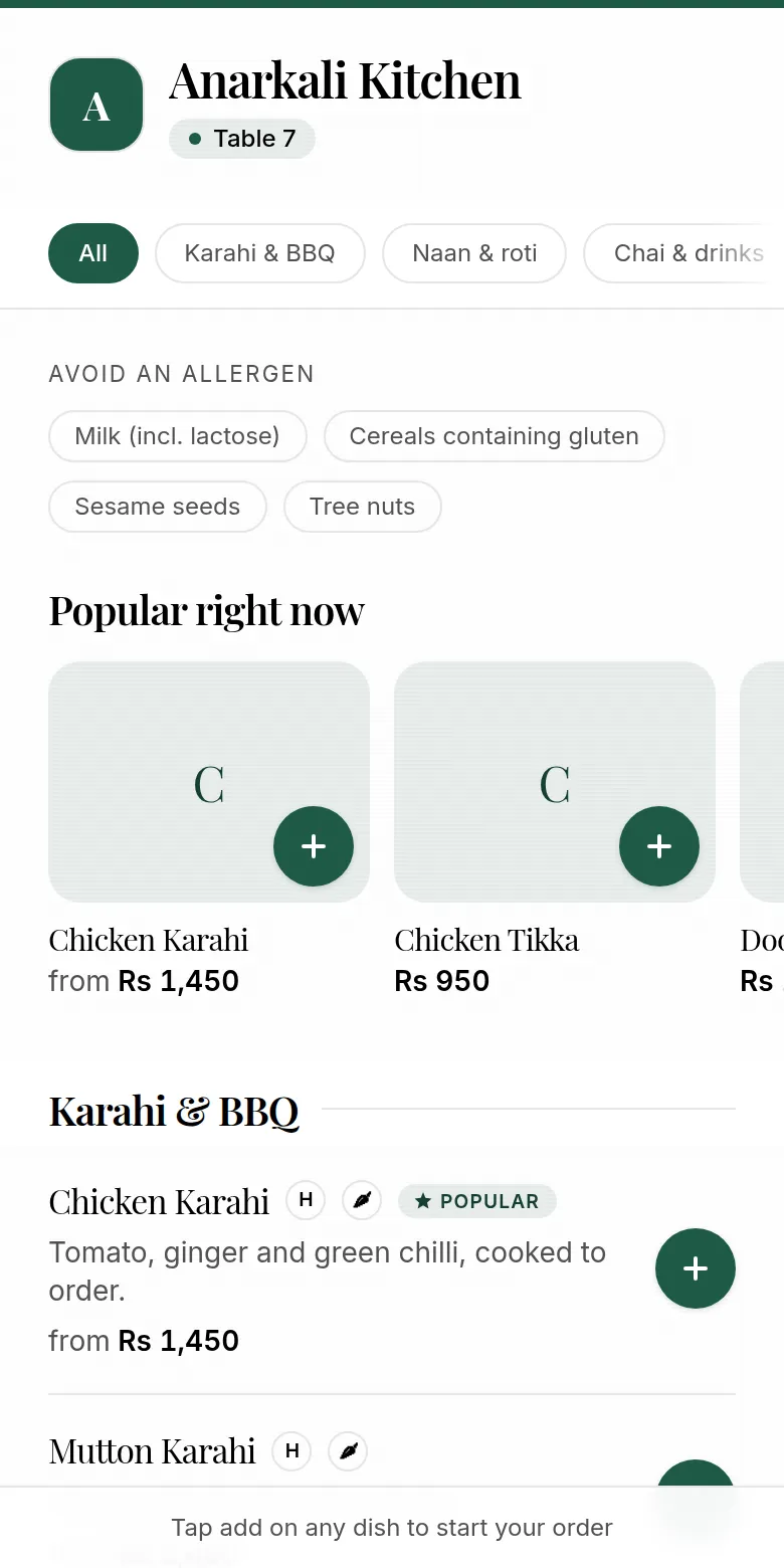 Guest menu in rupees with halal and spicy tags