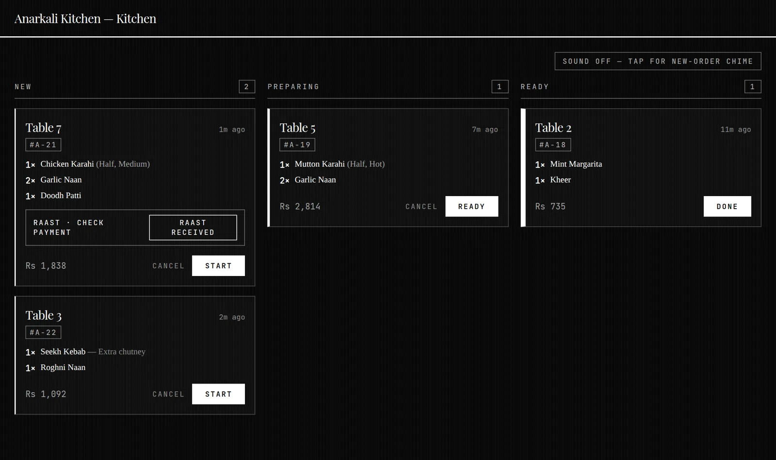 Kitchen screen with live orders