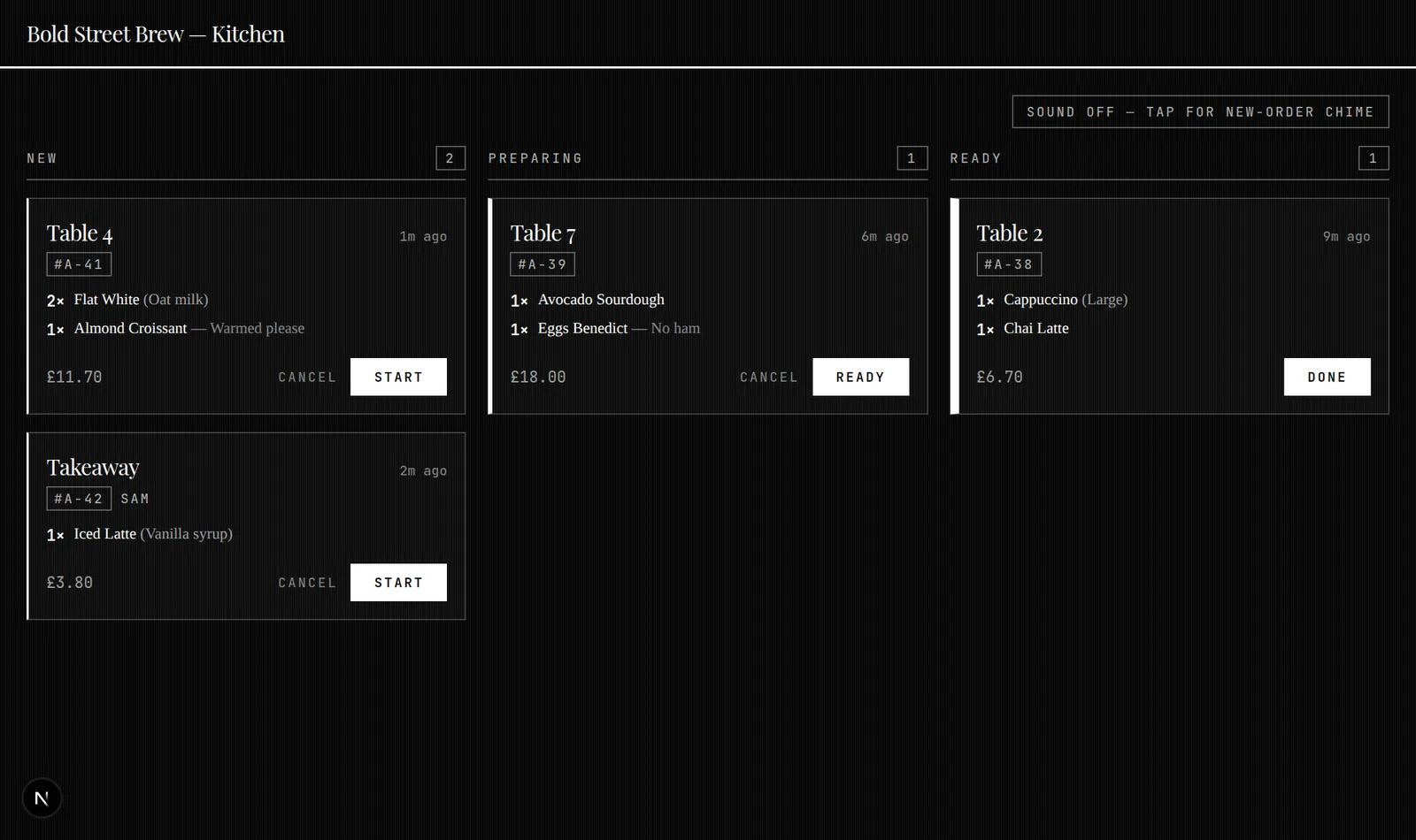 Kitchen screen with live orders
