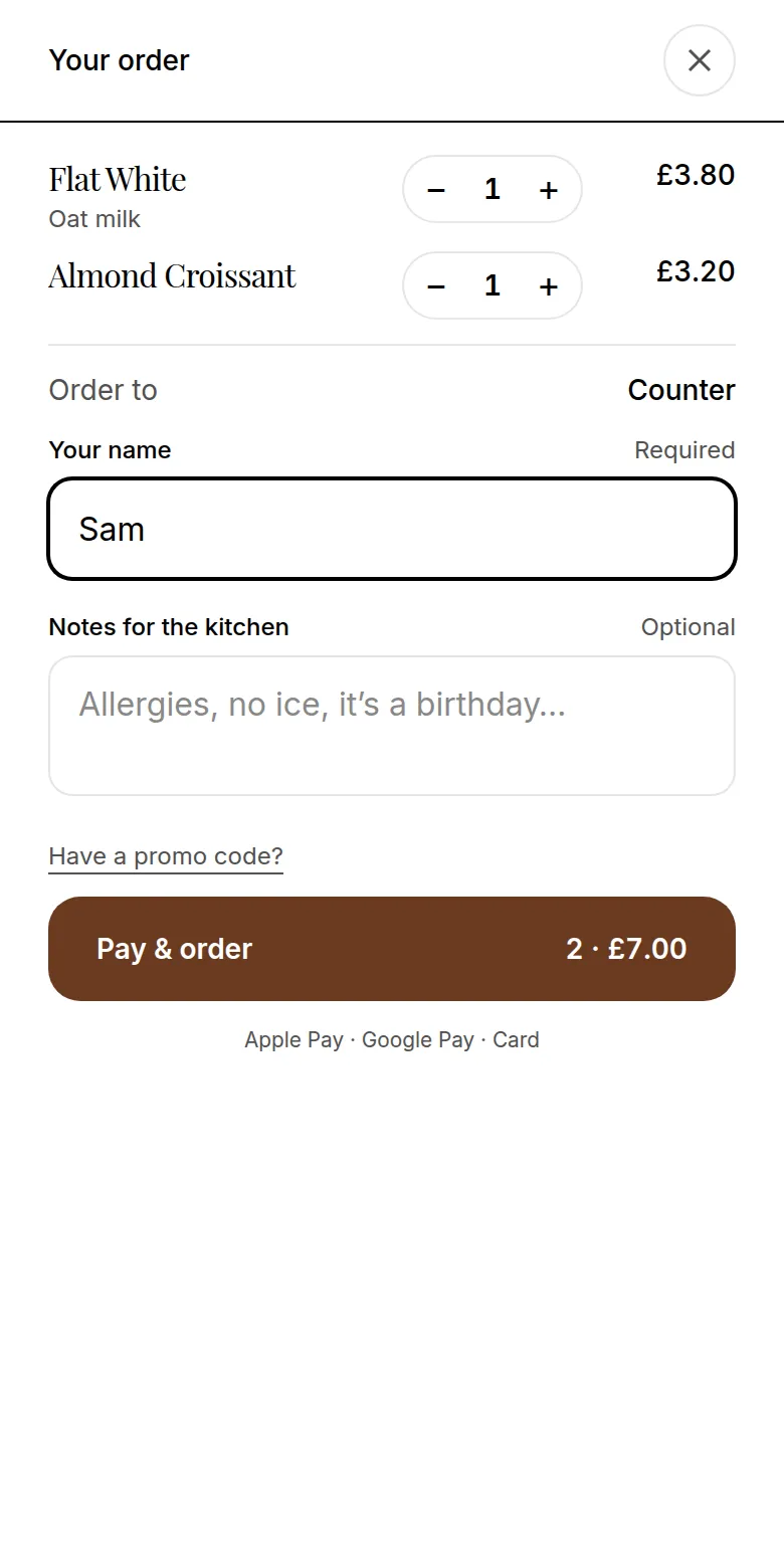 A counter order on a phone, collected when ready