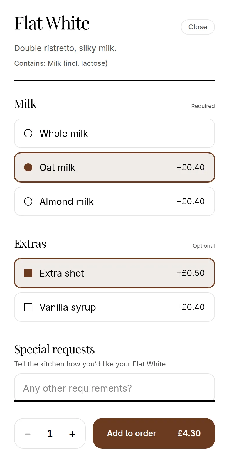 Choosing a dish's options on the guest menu